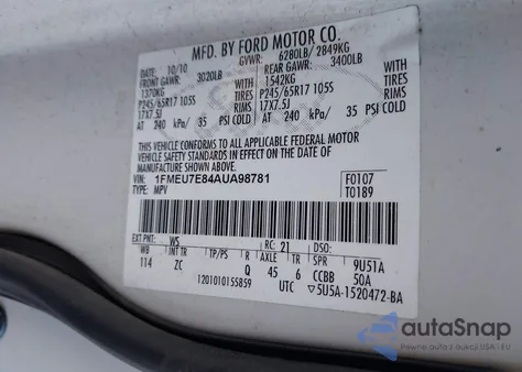 2010 Ford Explorer Eddie Bauer from USA, damaged, VIN 1FMEU7E84AUA98781